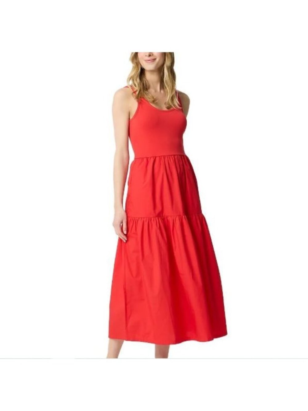 J.Crew Tiered Dress Size Medium Bright Cerise Midi Sleeveless knit Scoop Neck